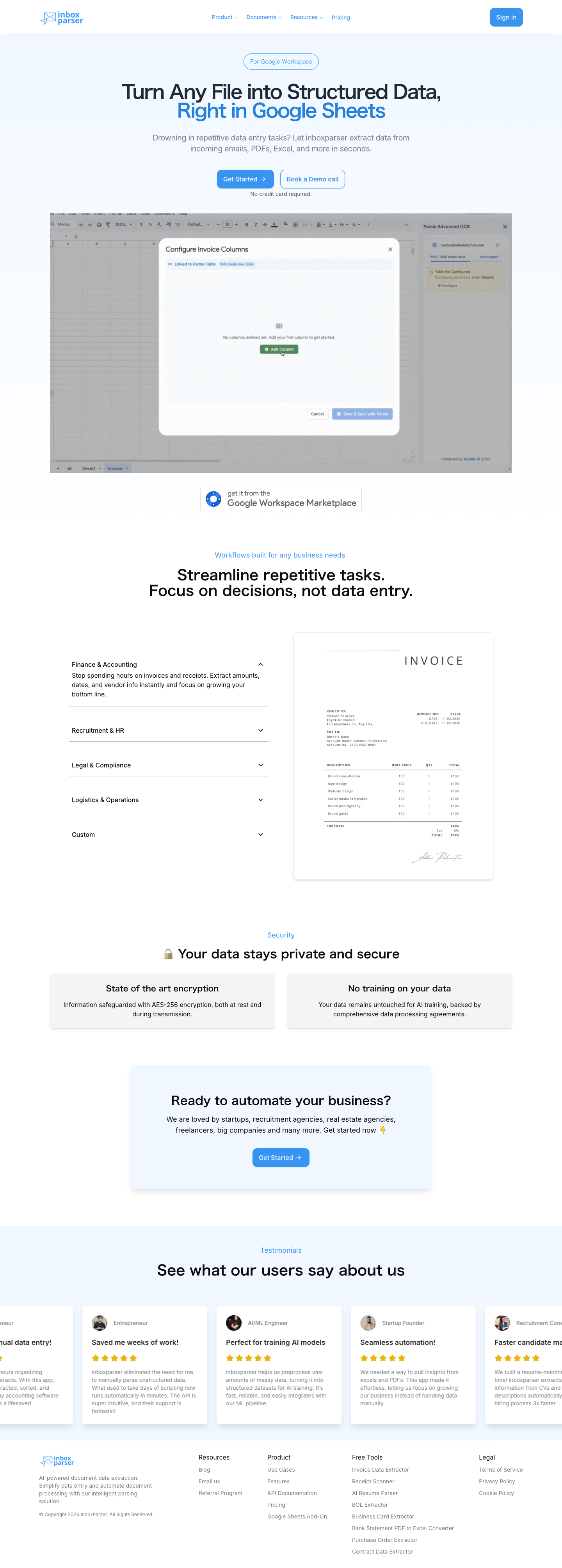 Inboxparser full landing page screenshot