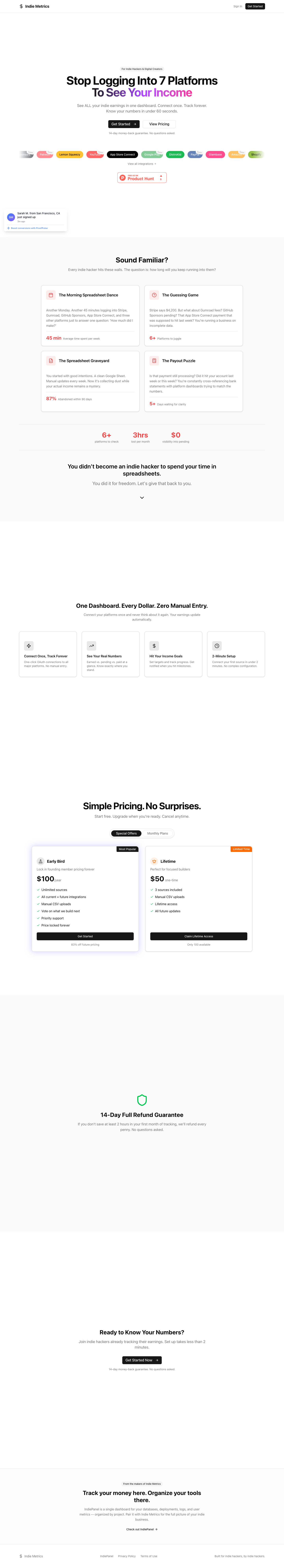 IndieMetrics full landing page screenshot