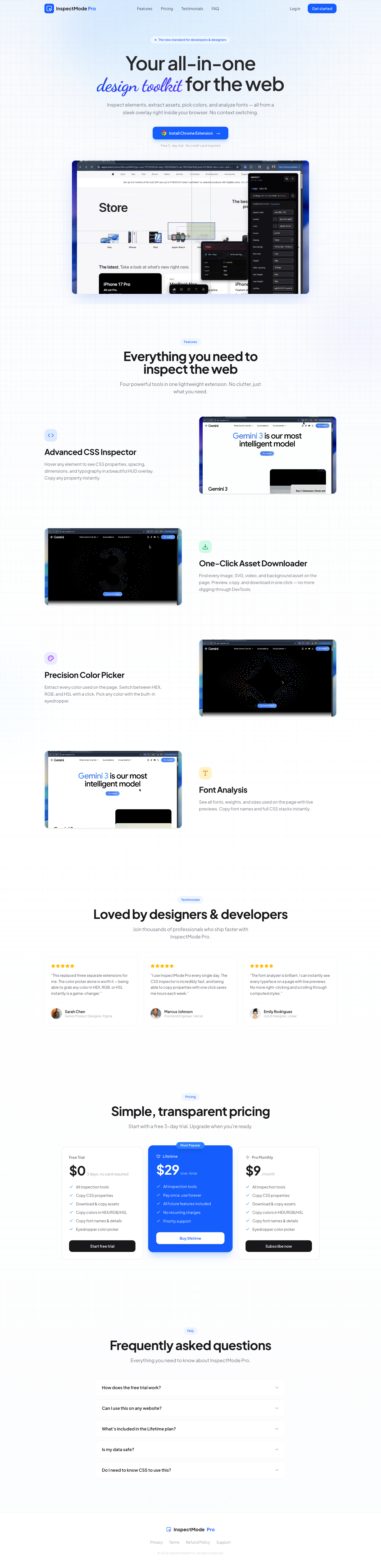 Inspect Mode Pro full landing page screenshot