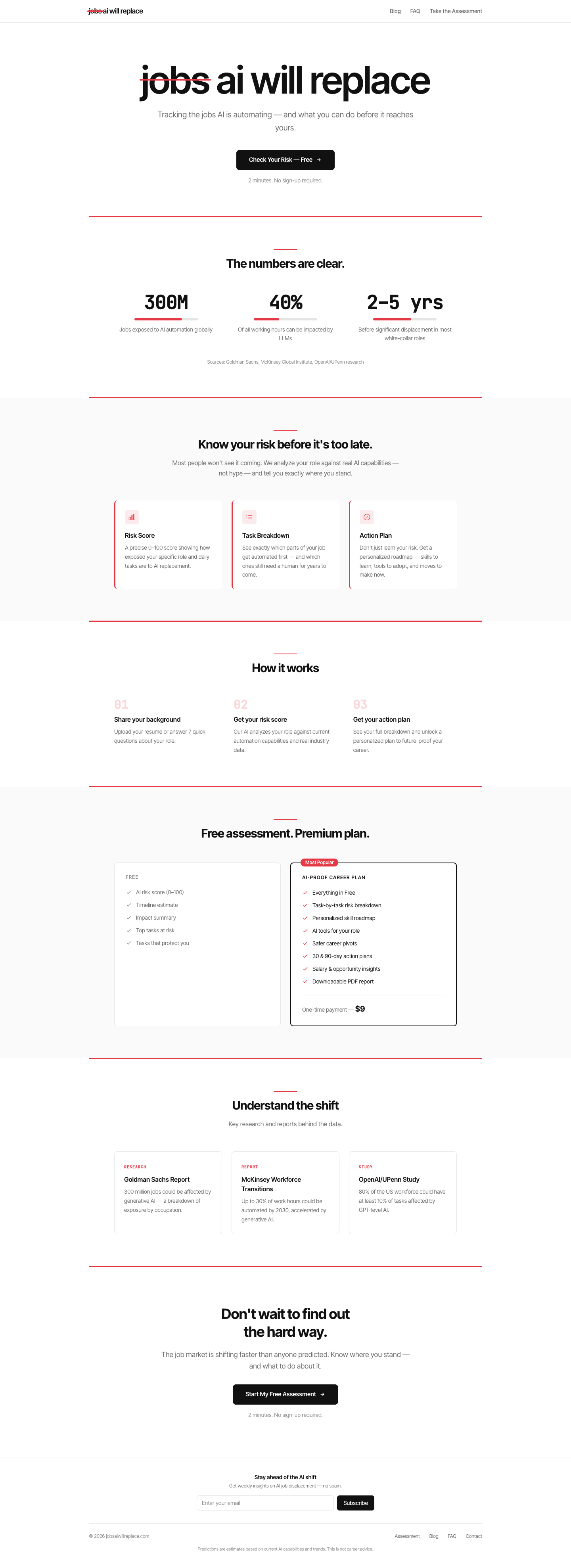 Jobs AI Will Replace full landing page screenshot