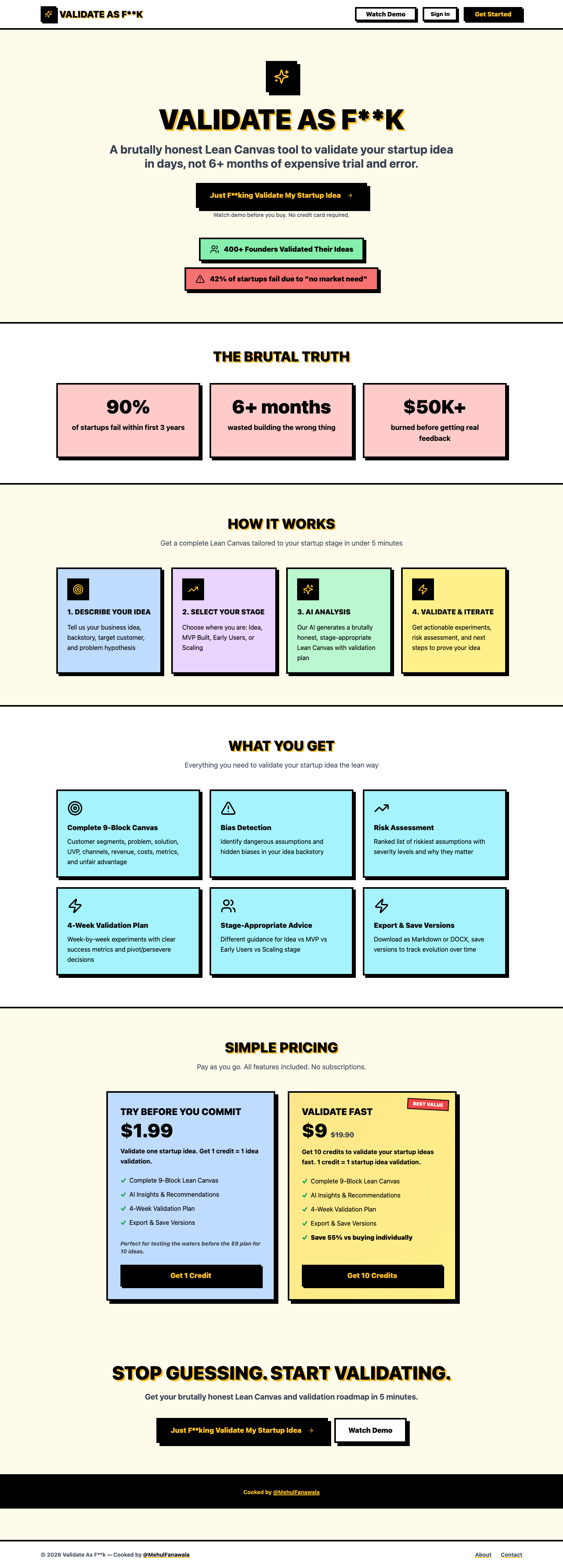 Just F**king Validate Your Startup Idea full landing page screenshot