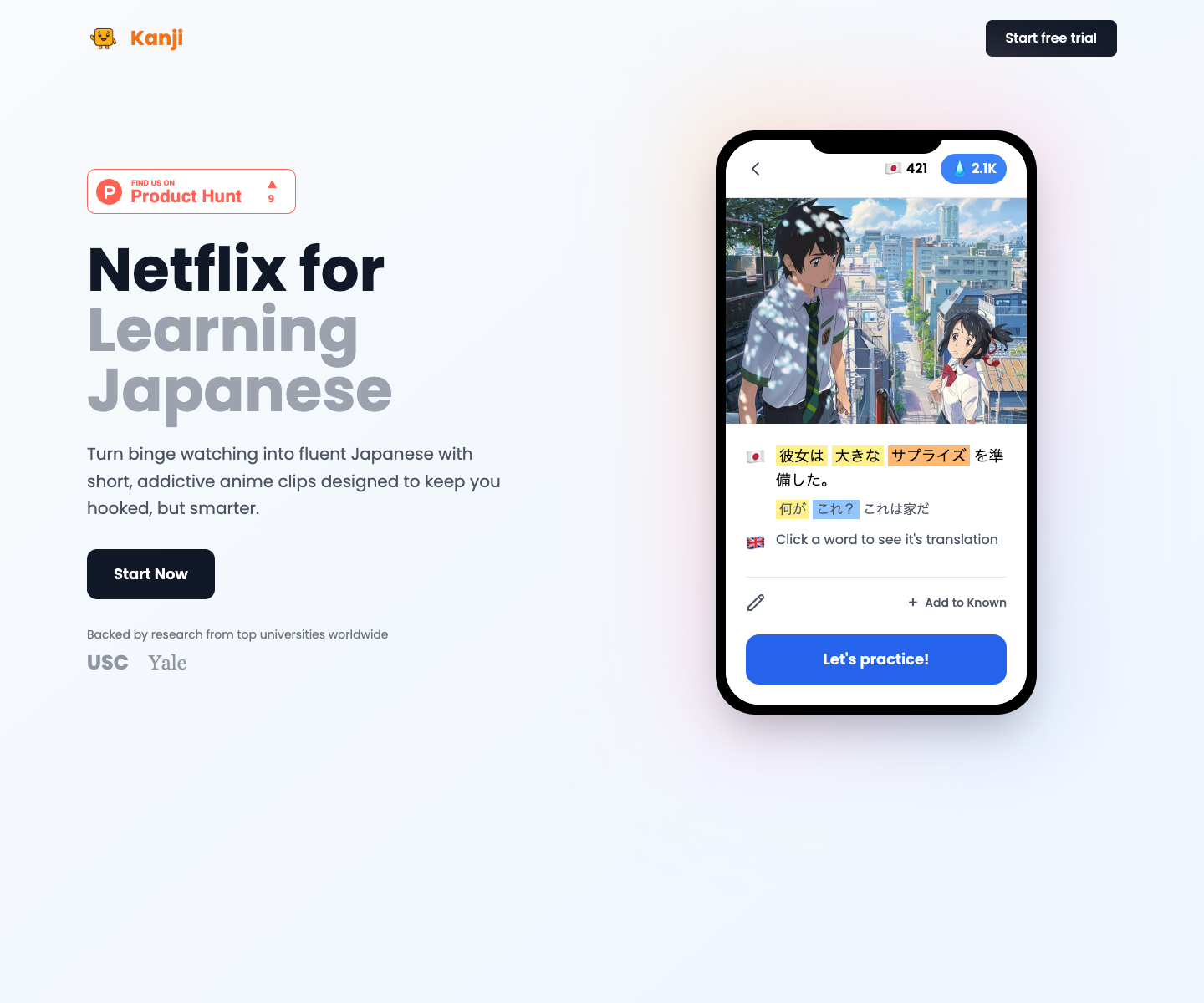 Kanji full landing page screenshot