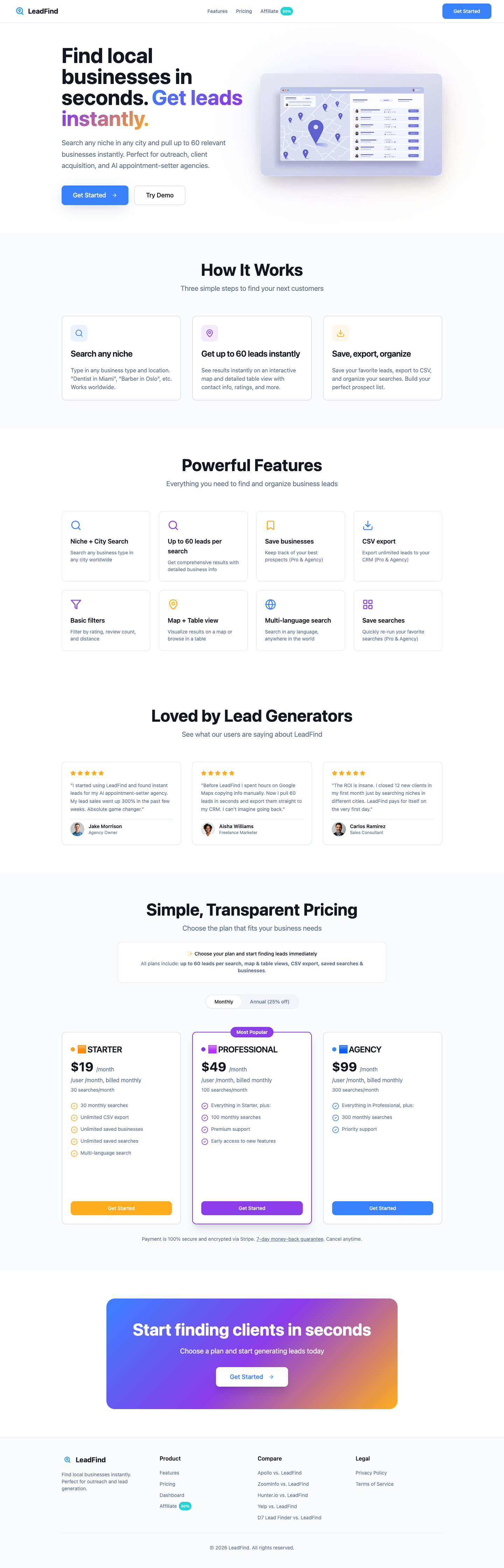 LeadFind.ai full landing page screenshot