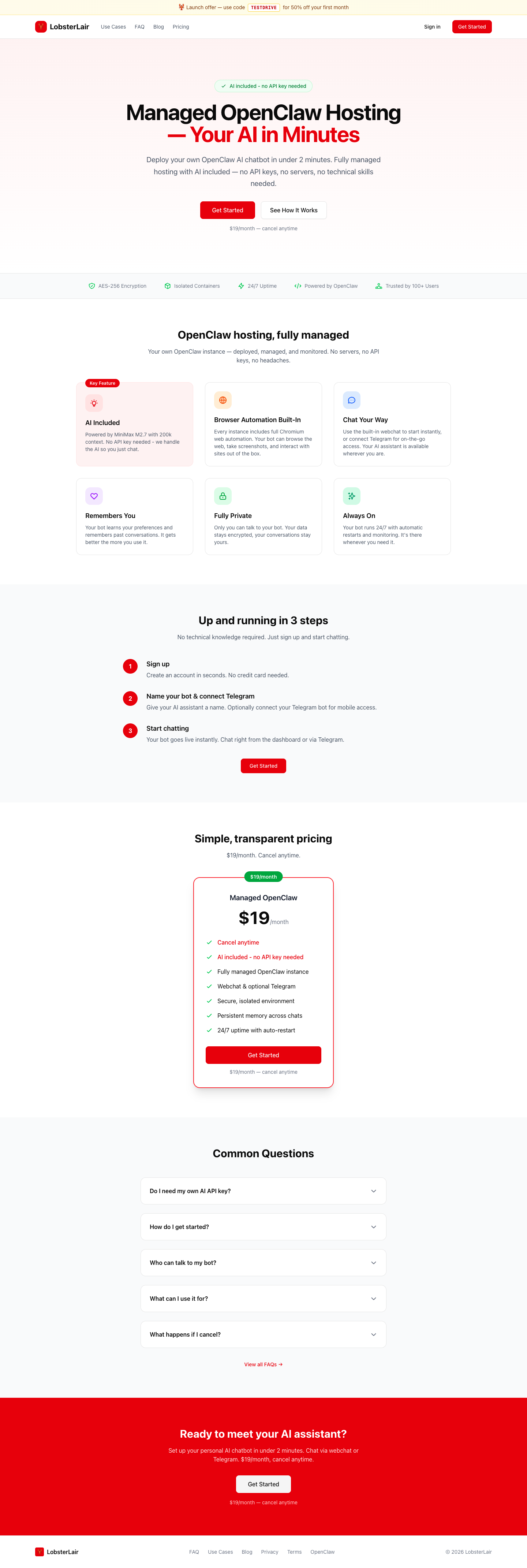 Lobsterlair.xyz full landing page screenshot