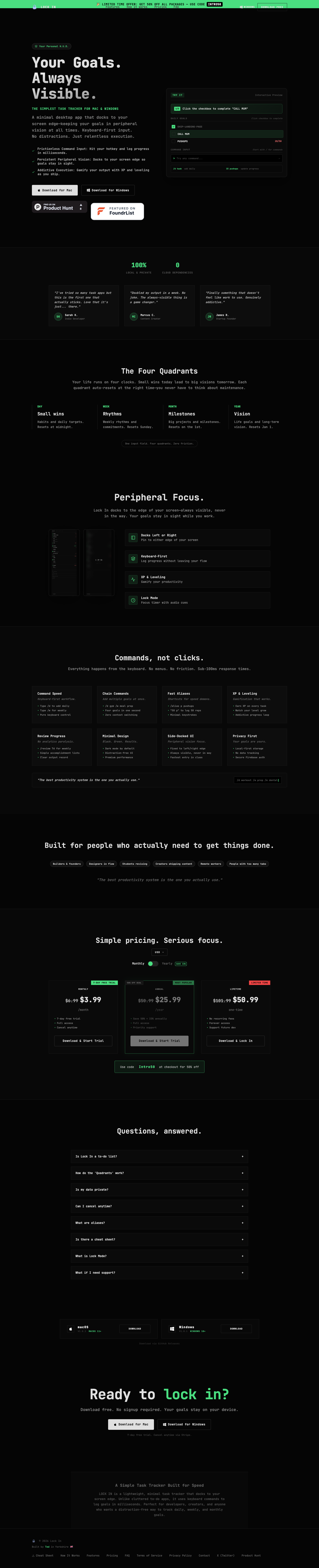 Lock In - Command-Driven Task Tracker full landing page screenshot