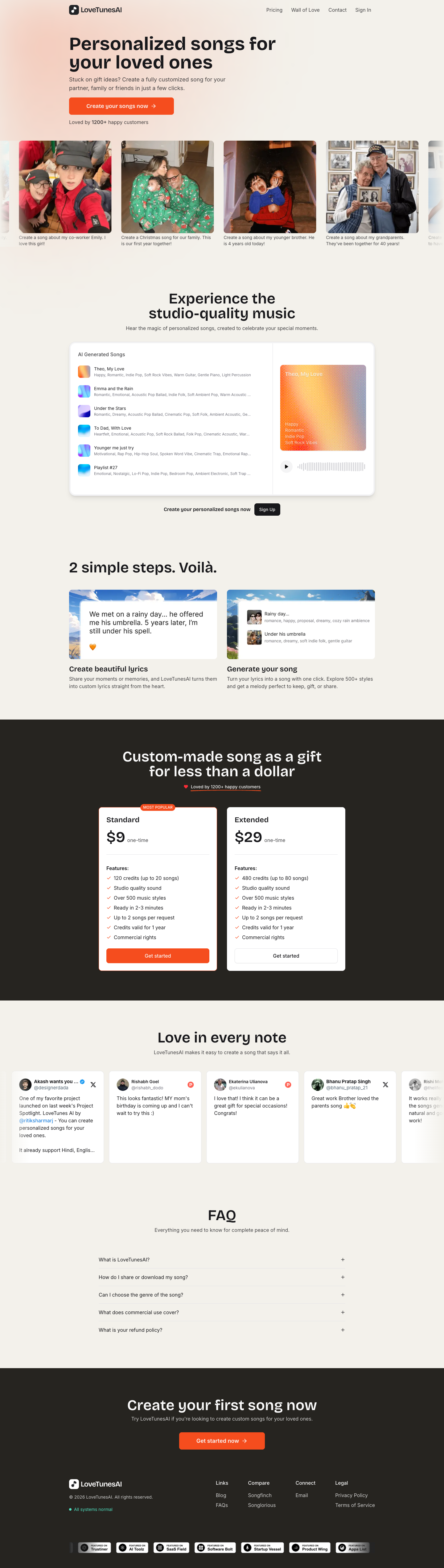 LoveTunesAI full landing page screenshot