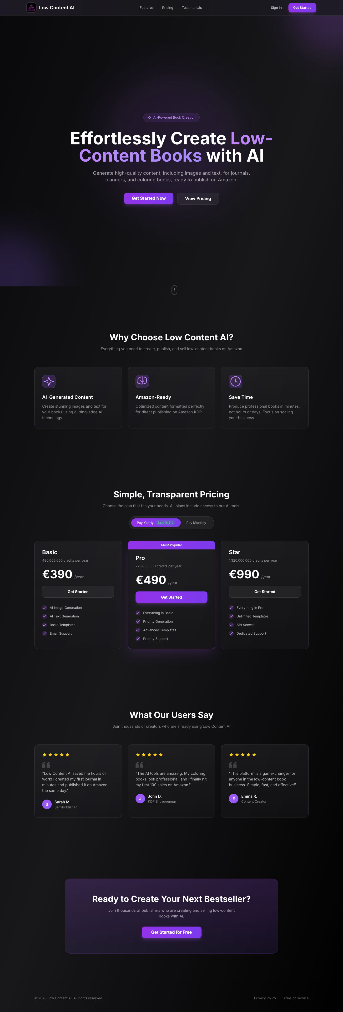 Low Content AI full landing page screenshot