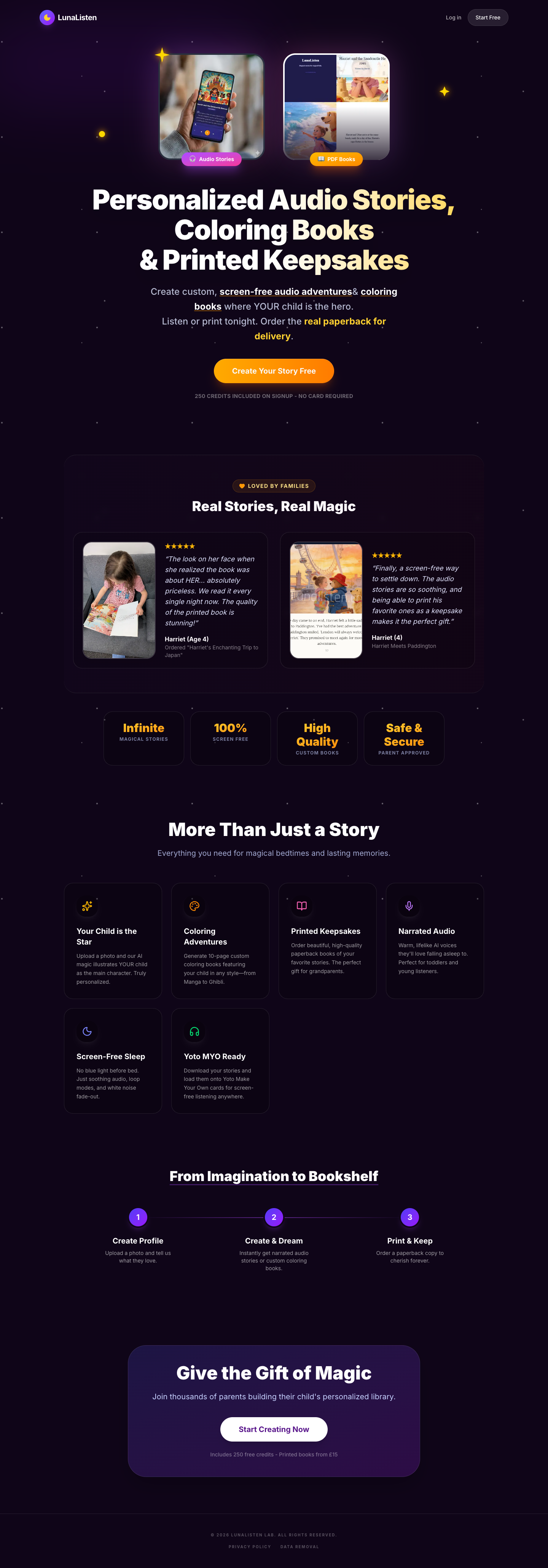 LunaListen full landing page screenshot