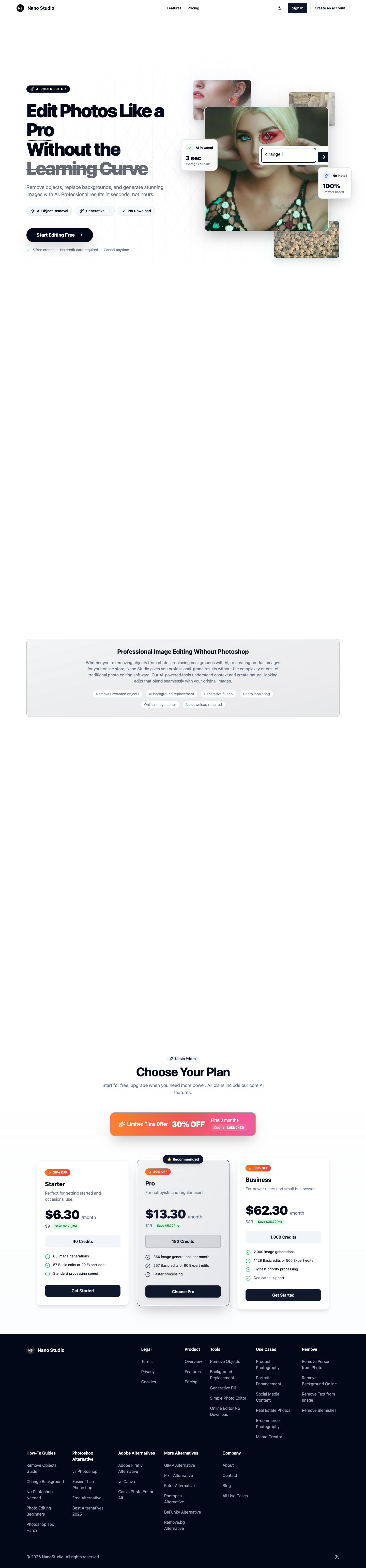 Nano Studio full landing page screenshot
