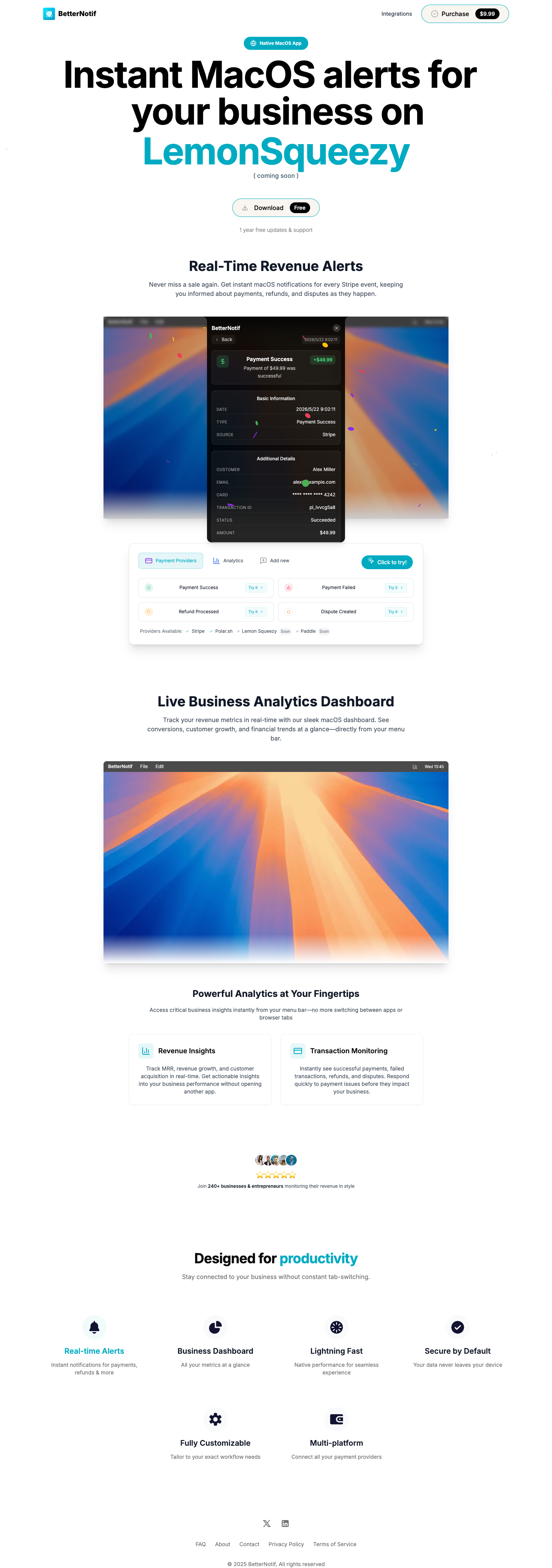 MacOS Stripe Notifications - BetterNotif full landing page screenshot
