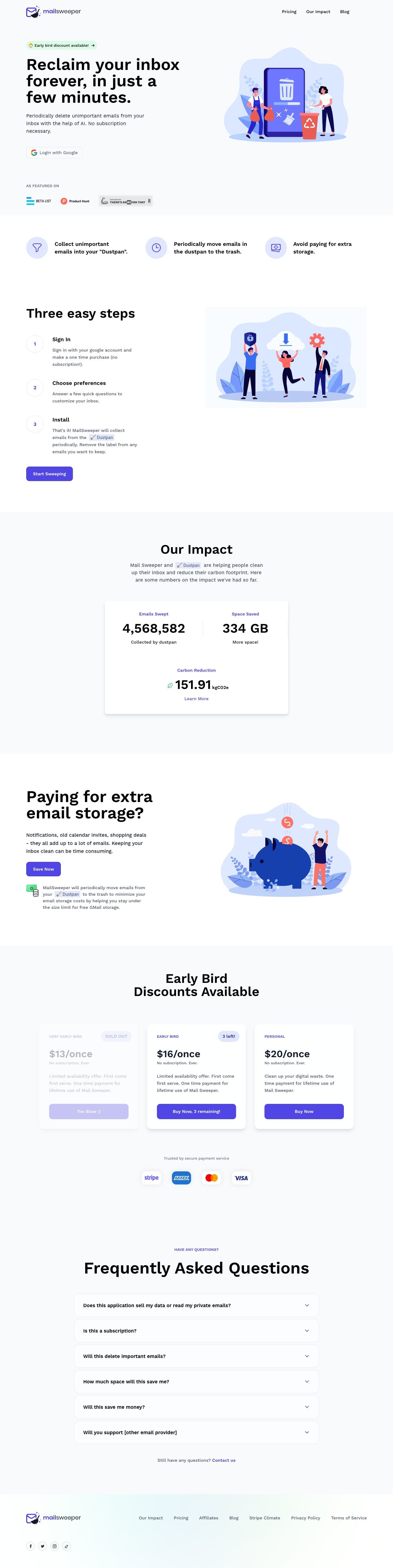 Mail Sweeper full landing page screenshot