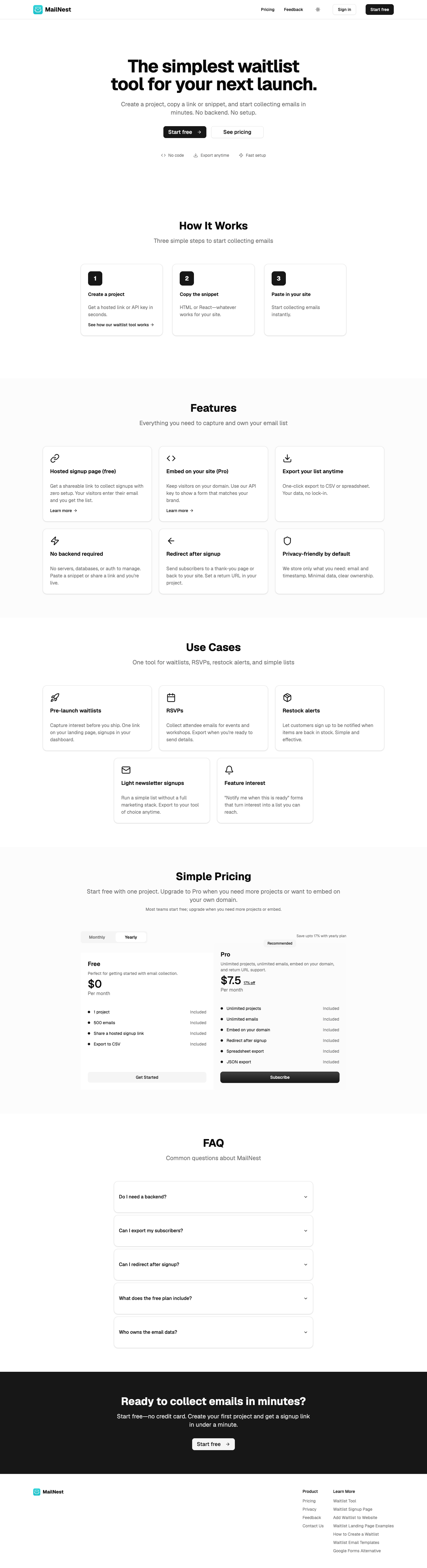 MailNest full landing page screenshot