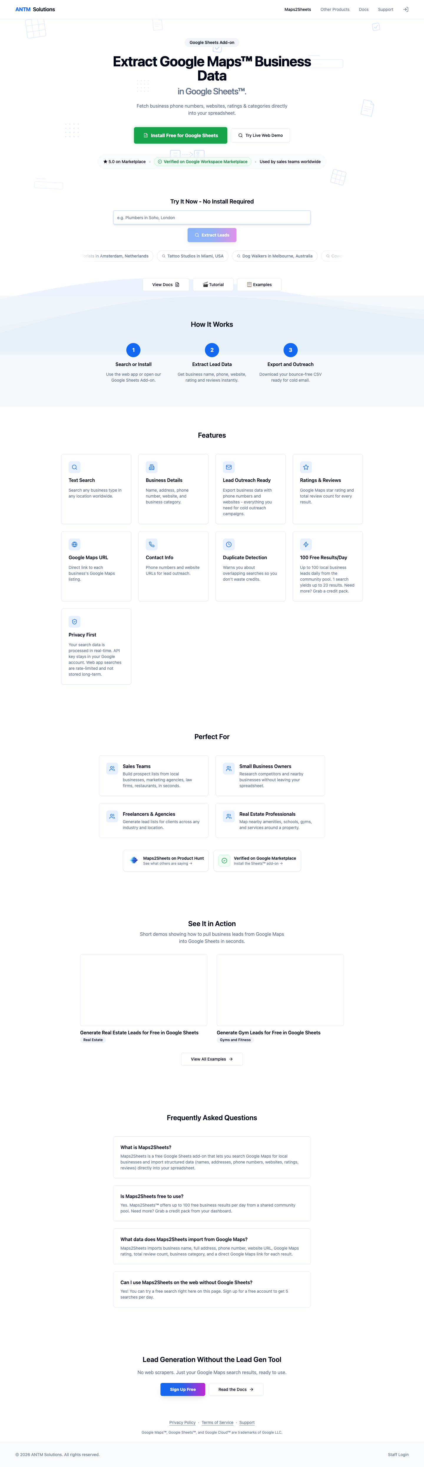 Maps2Sheets full landing page screenshot