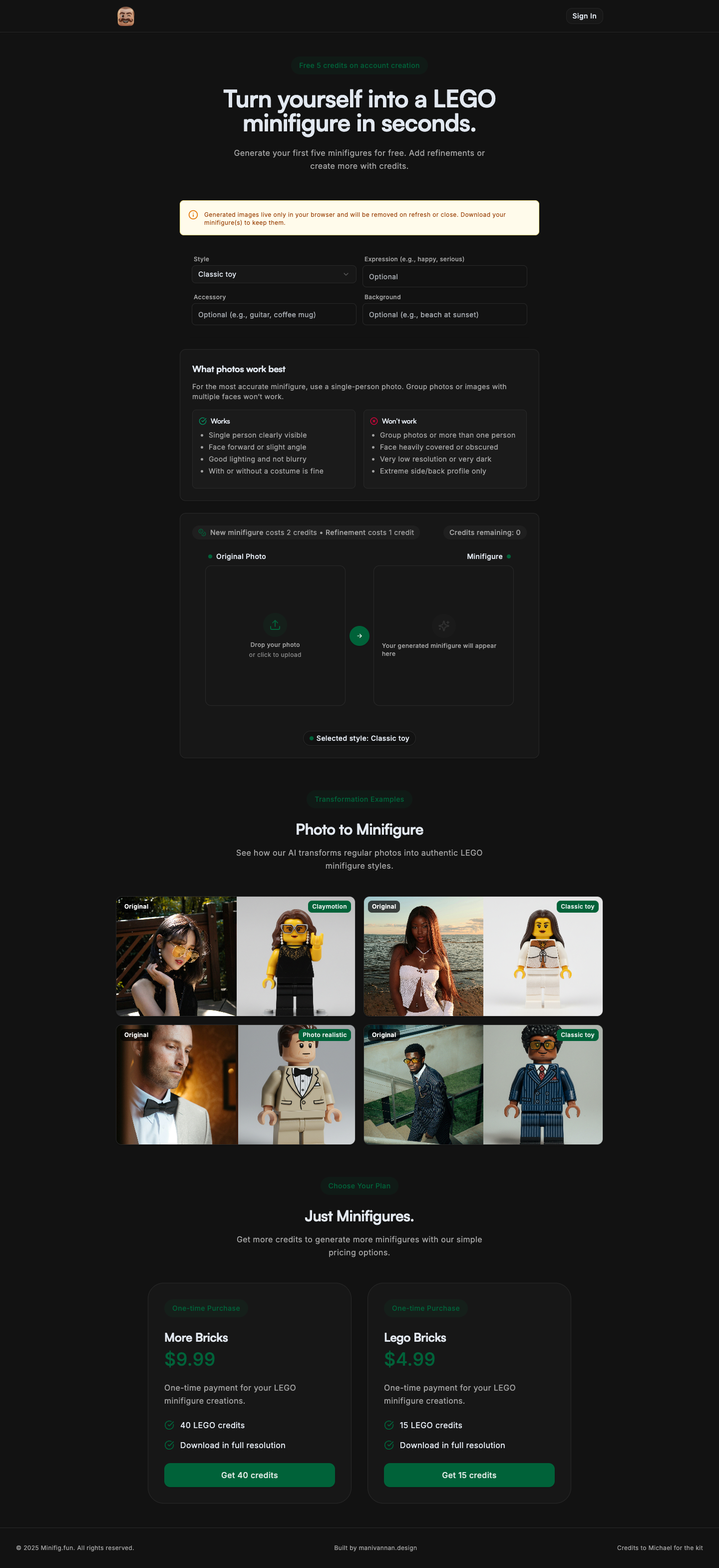 Minifig full landing page screenshot