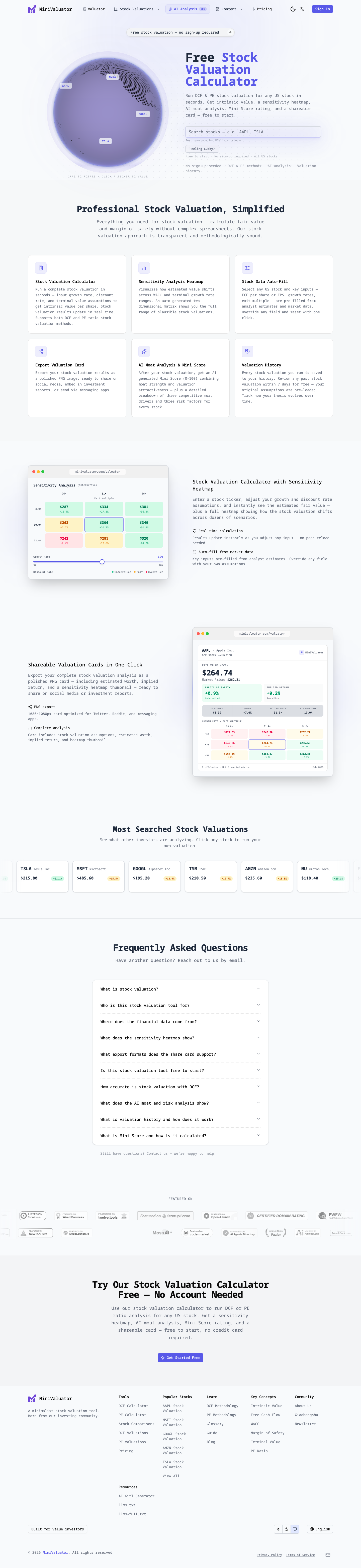 MiniValuator full landing page screenshot