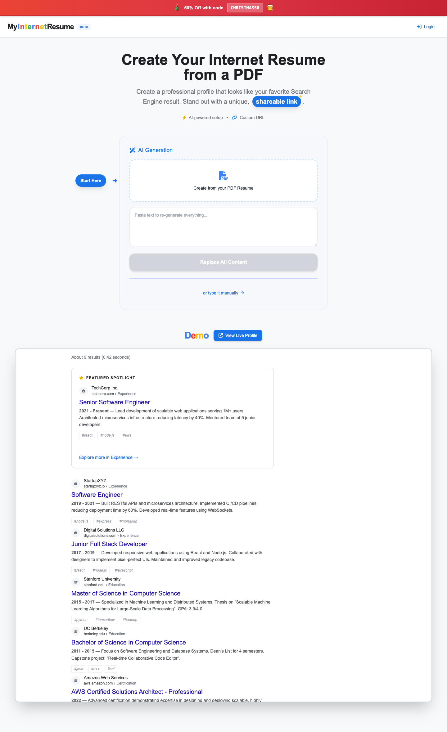 My Internet Resume full landing page screenshot