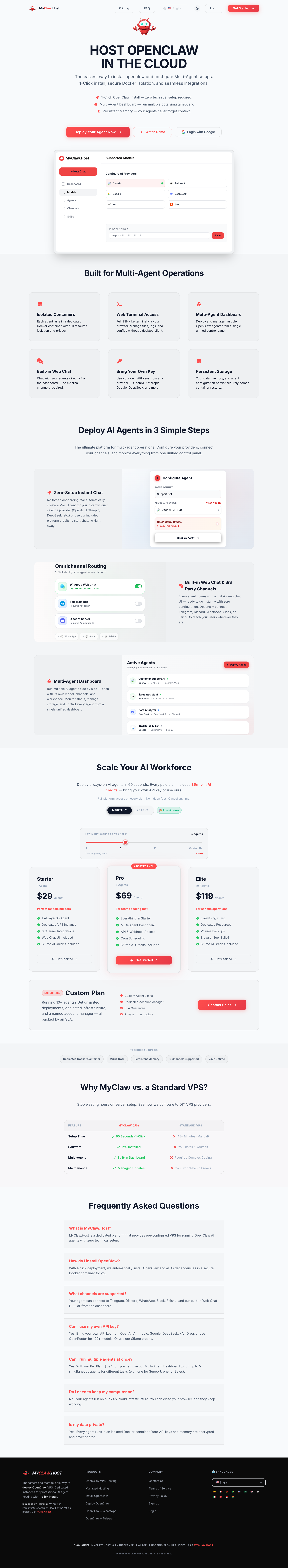 MyClaw.host full landing page screenshot