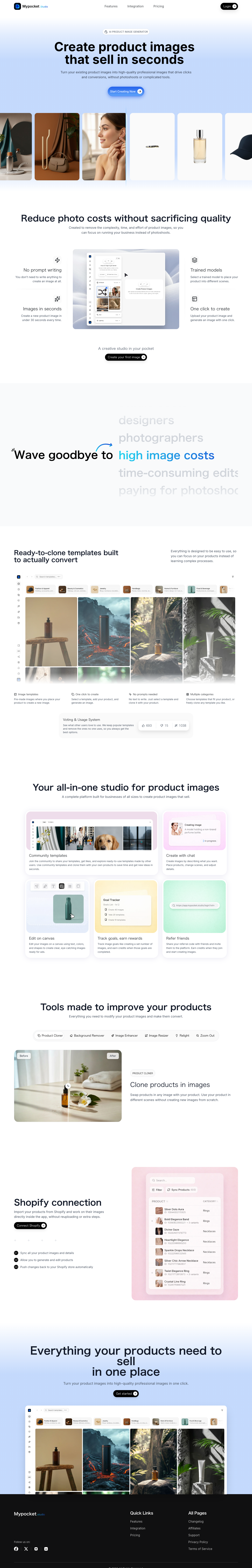 MyPocket - AI Product Image Generator for Ecommerce full landing page screenshot