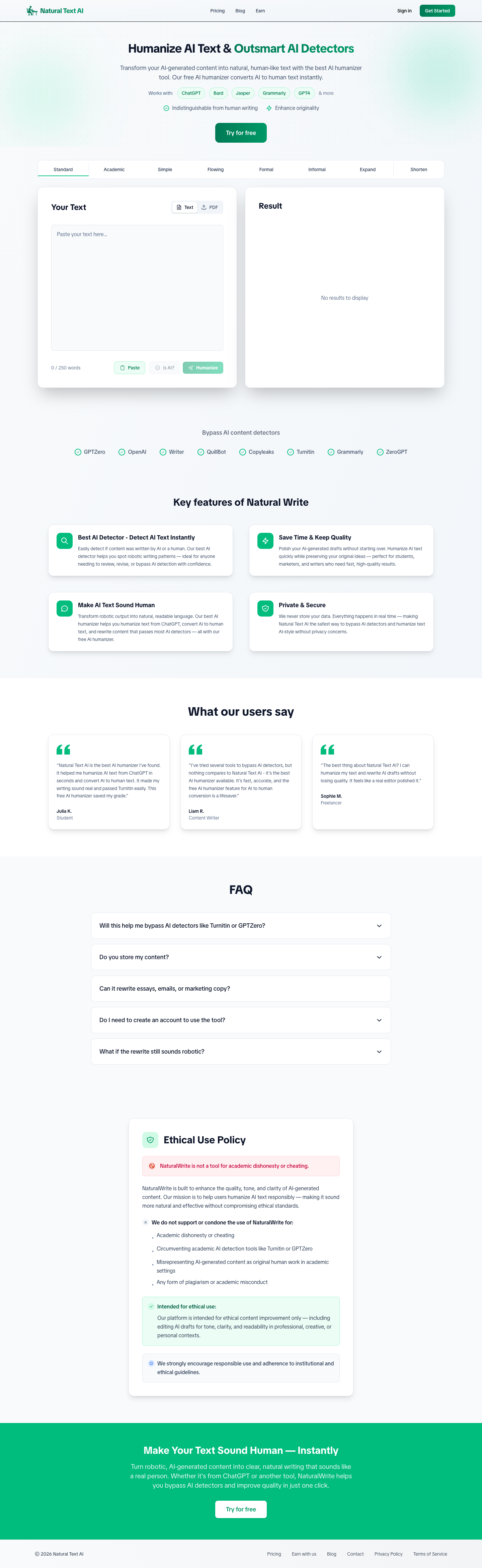 Natural Text AI full landing page screenshot