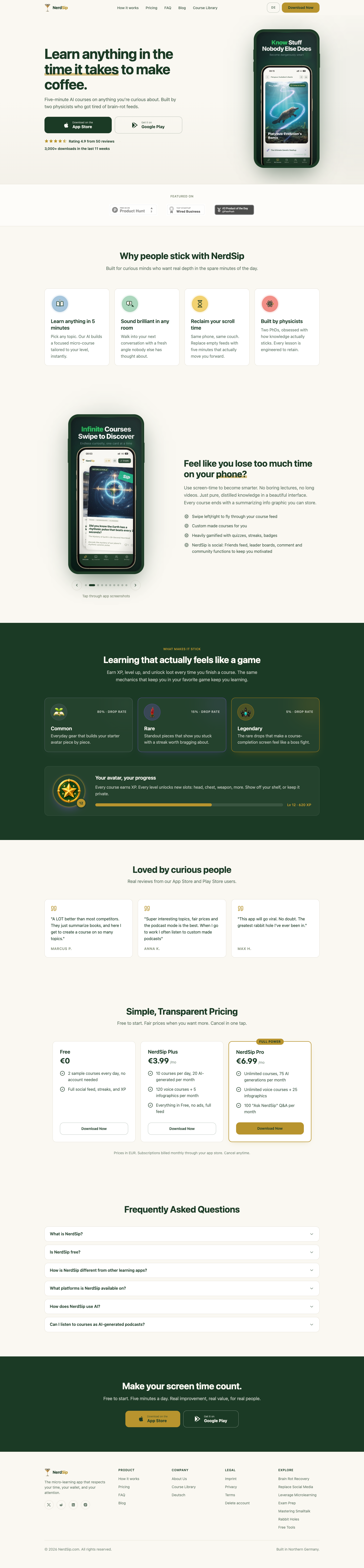 Nerdsip full landing page screenshot