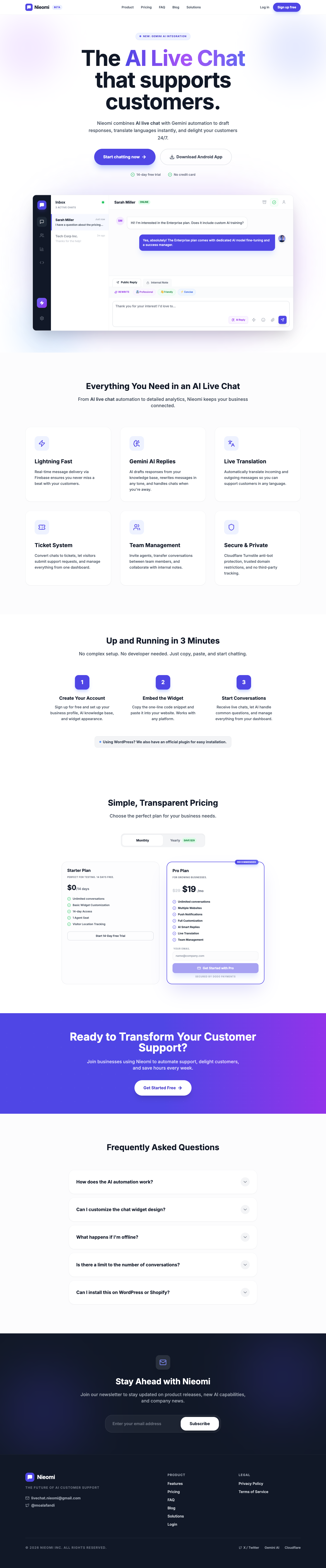 Nieomi full landing page screenshot