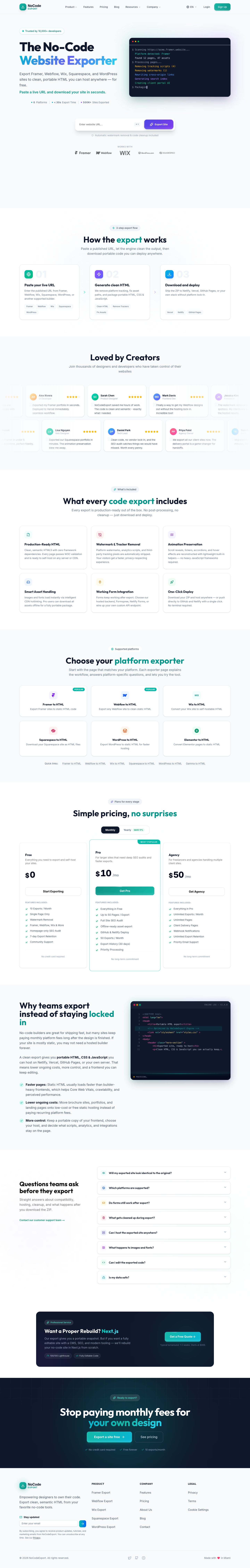 NoCodeExport full landing page screenshot