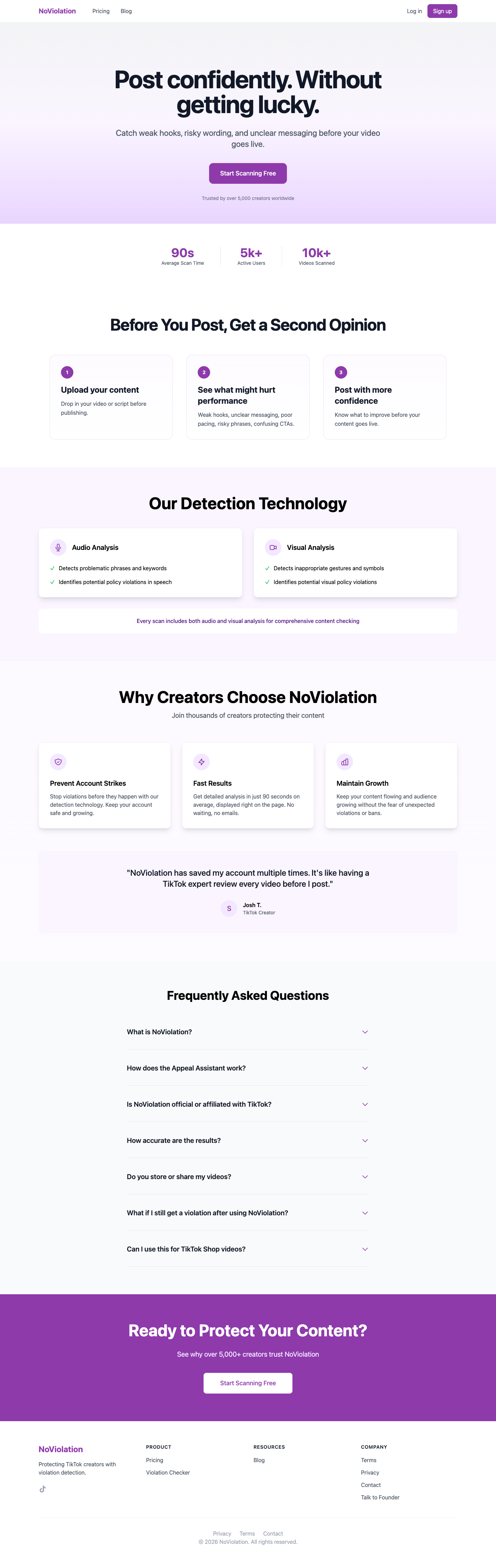 NoViolation full landing page screenshot