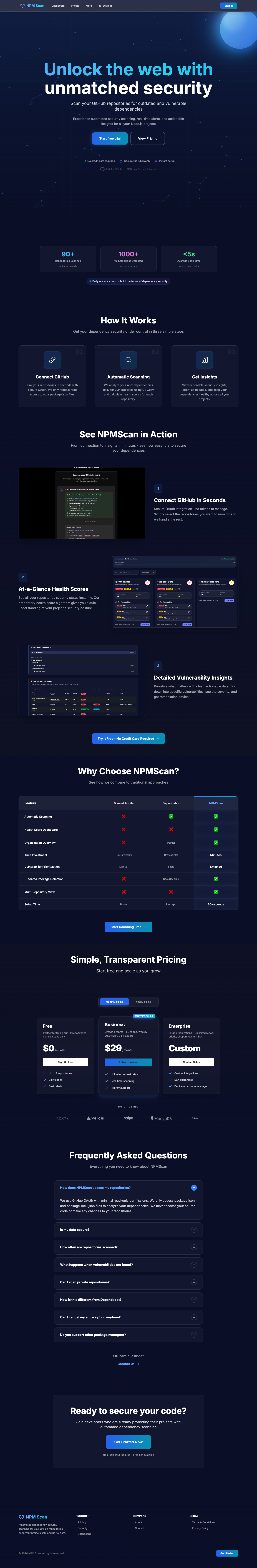 NPM Scan full landing page screenshot
