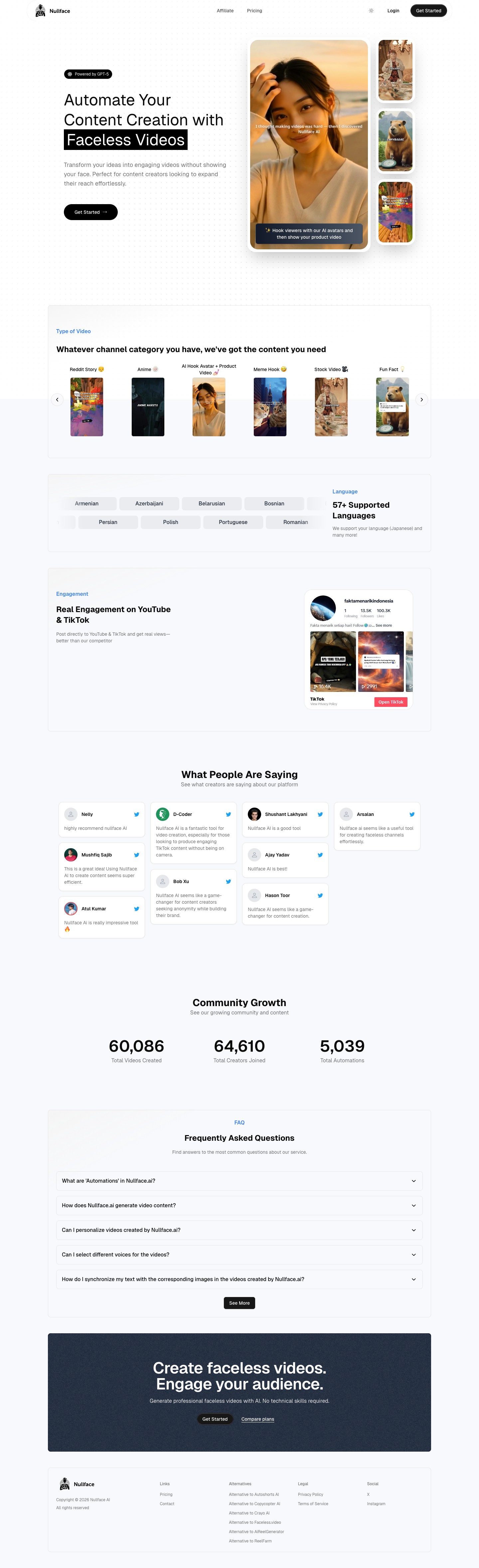 Nullface AI full landing page screenshot