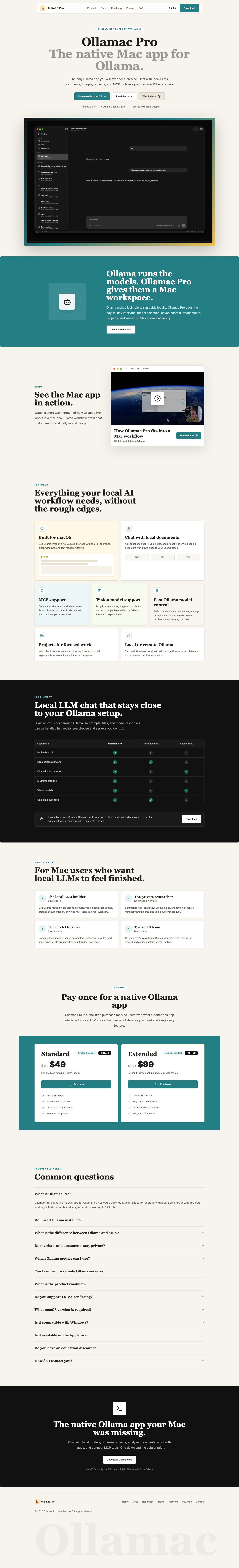 Ollamac Pro full landing page screenshot