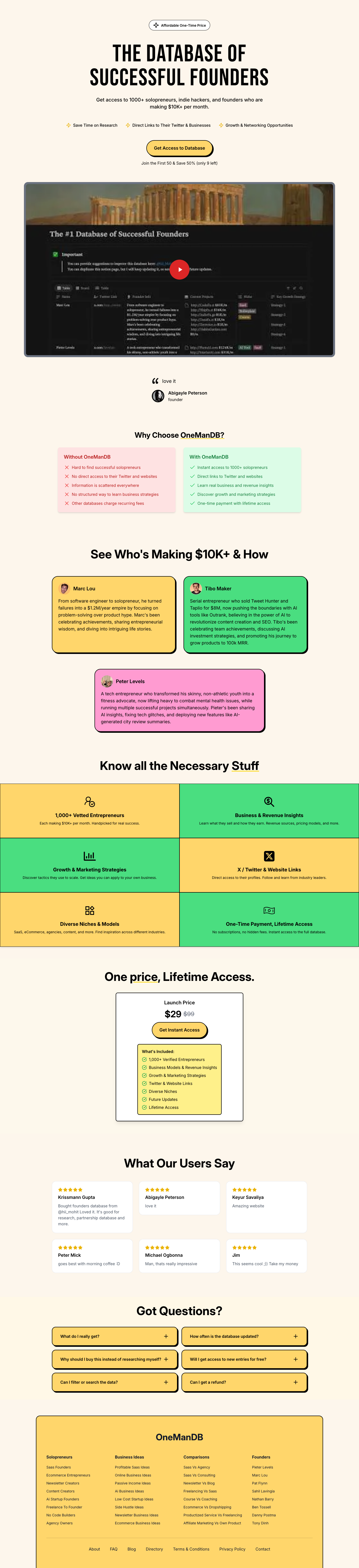 OneManDB full landing page screenshot