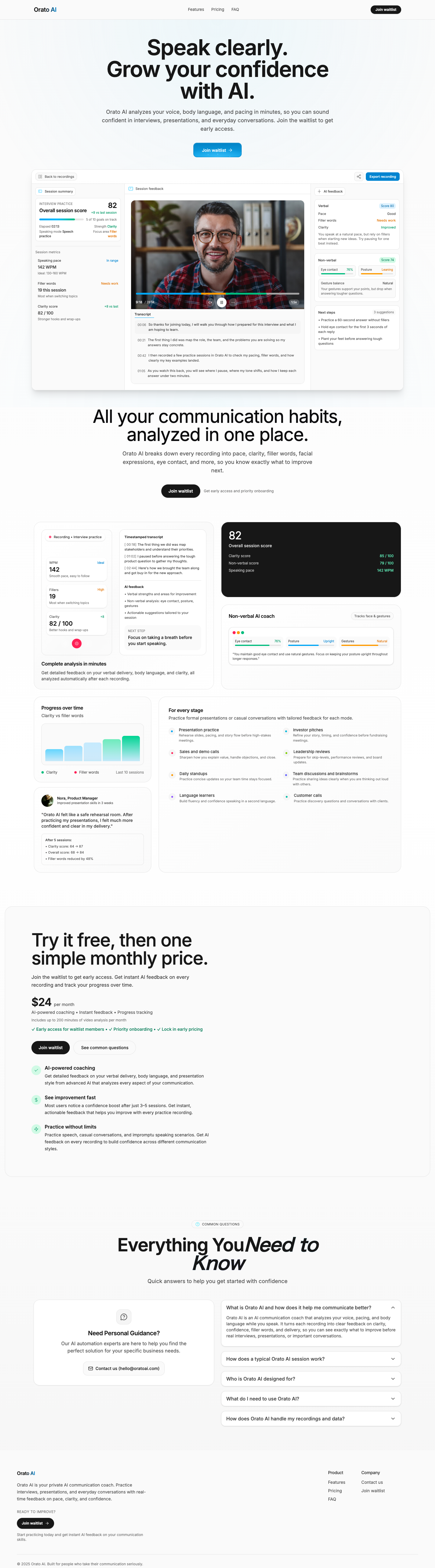 Orato AI: Speak clearly. Grow your confidence with AI. full landing page screenshot