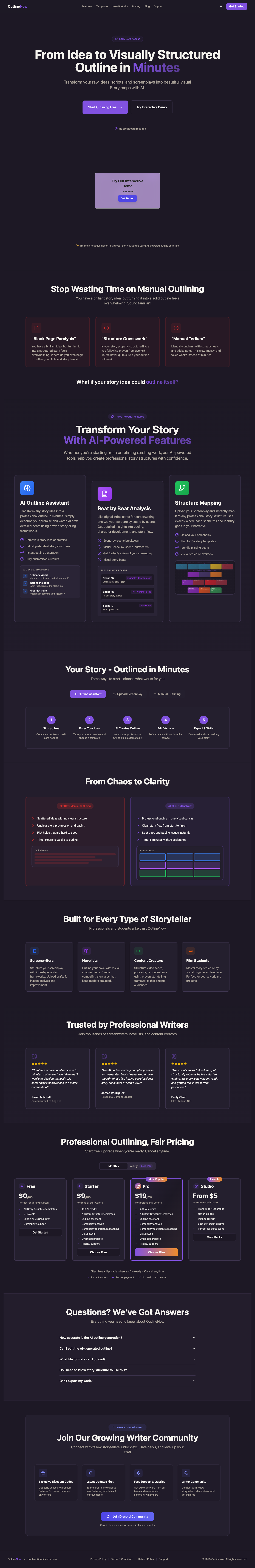 Outlinenow full landing page screenshot