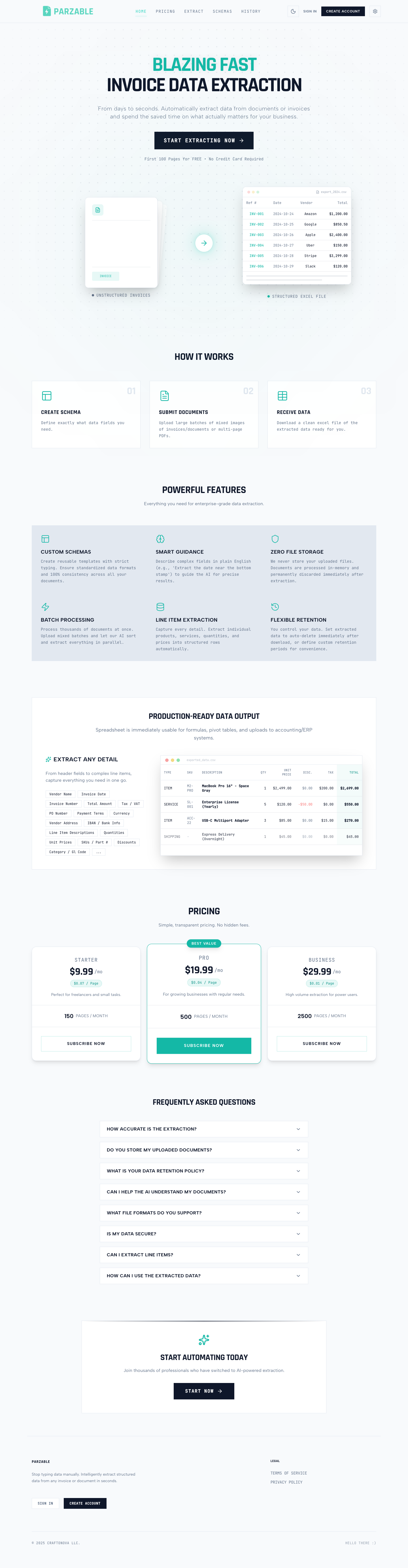 Parzable full landing page screenshot