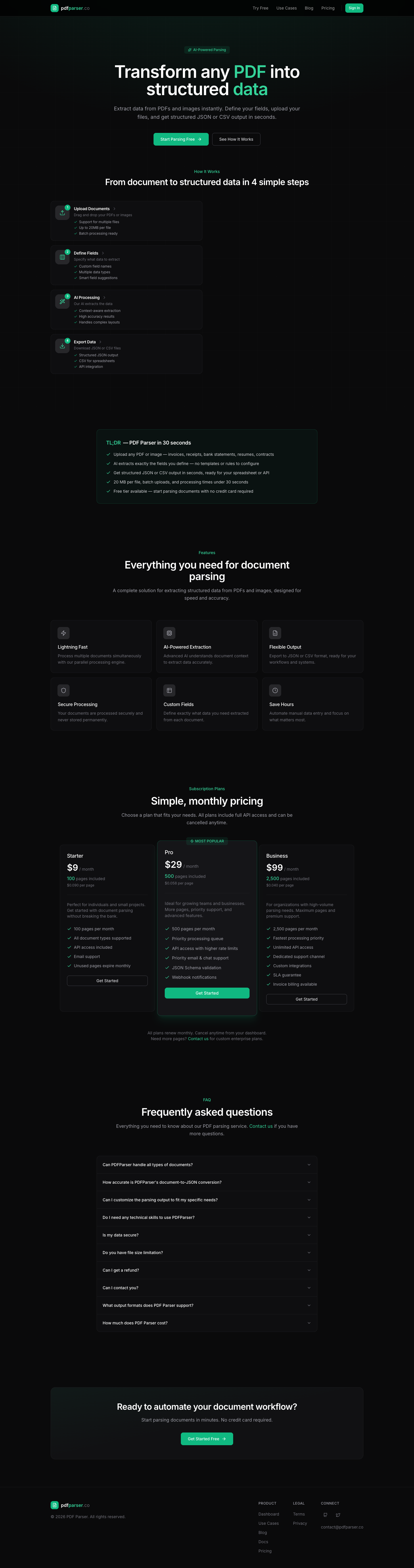 PDFParser full landing page screenshot
