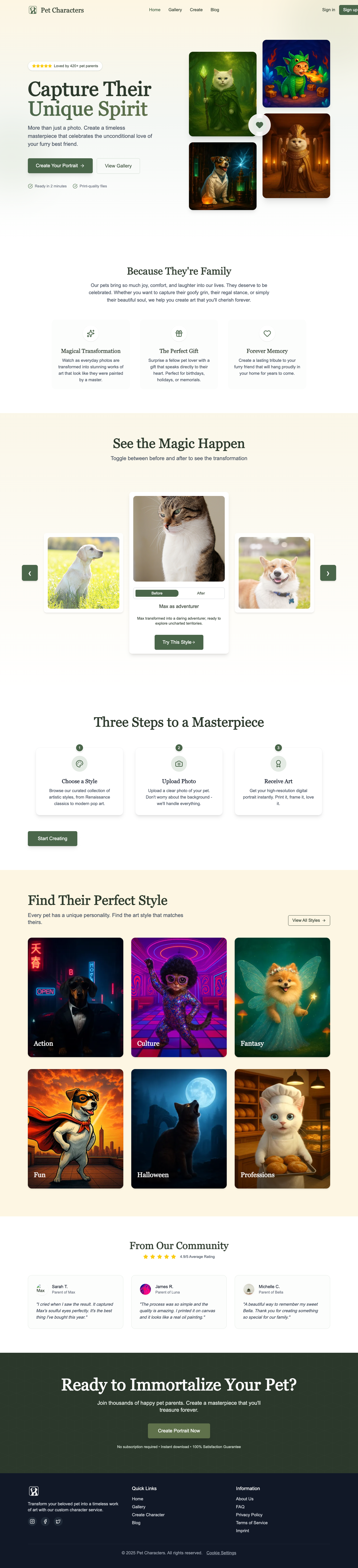 Pet Characters full landing page screenshot