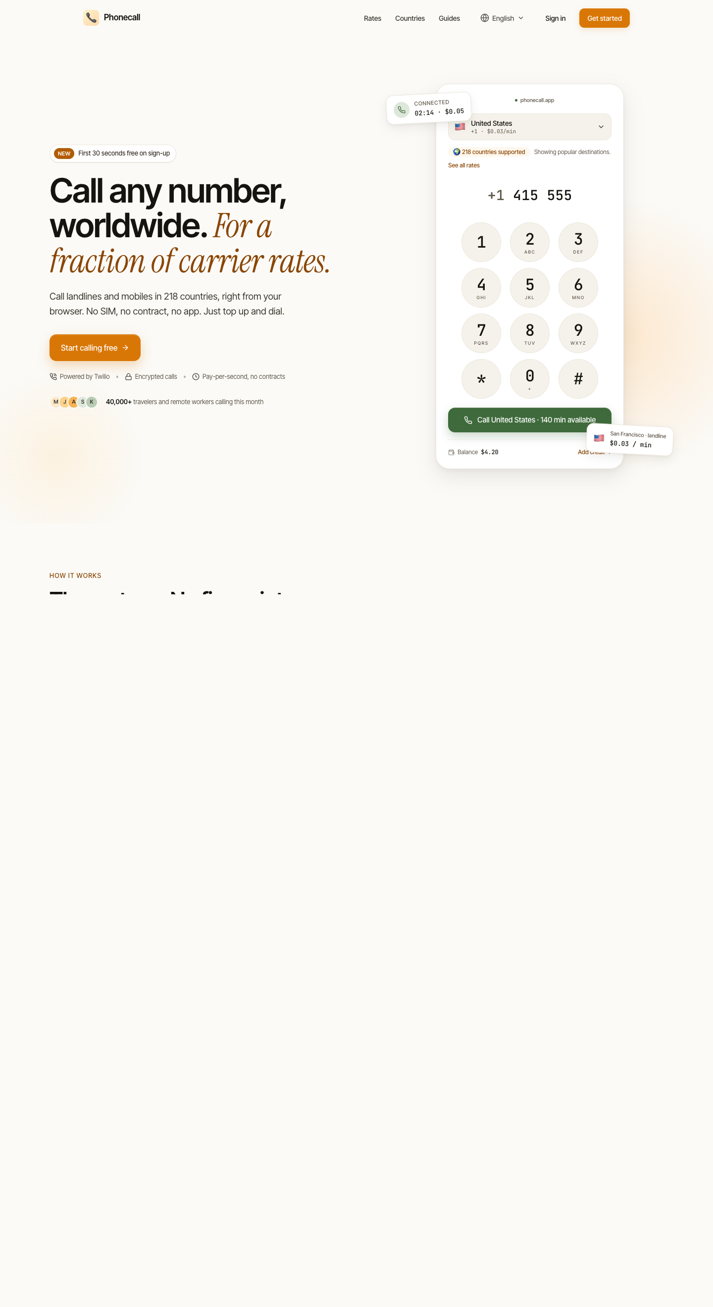 Phonecall App full landing page screenshot