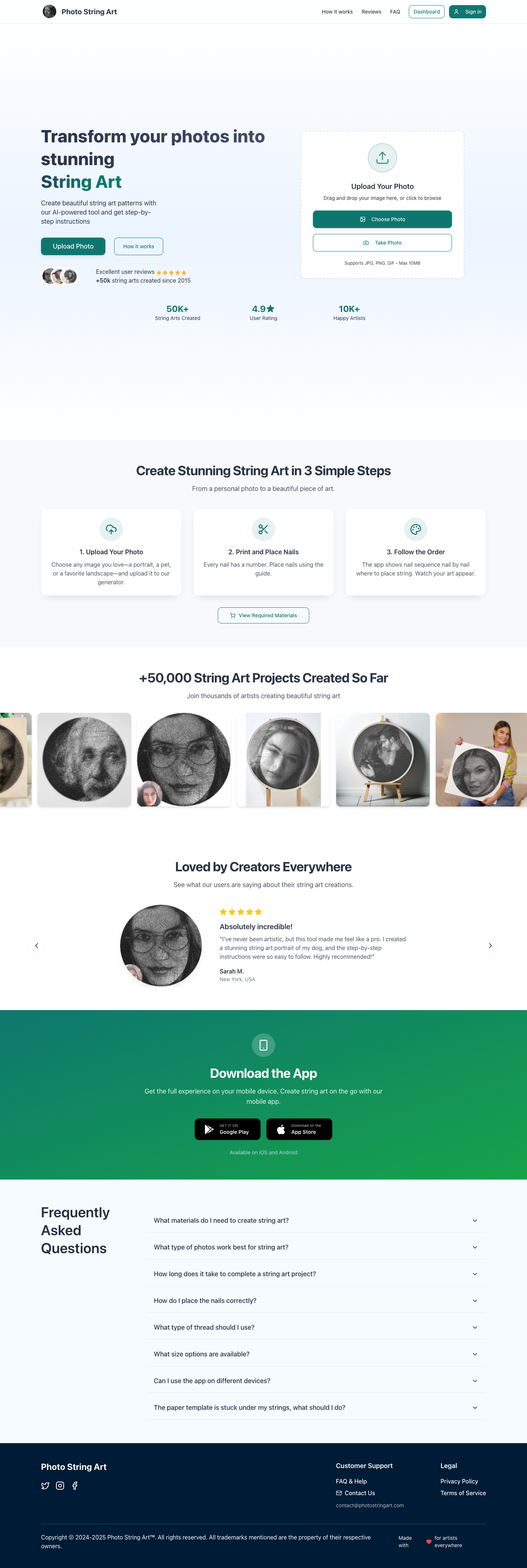 Photo String Art full landing page screenshot