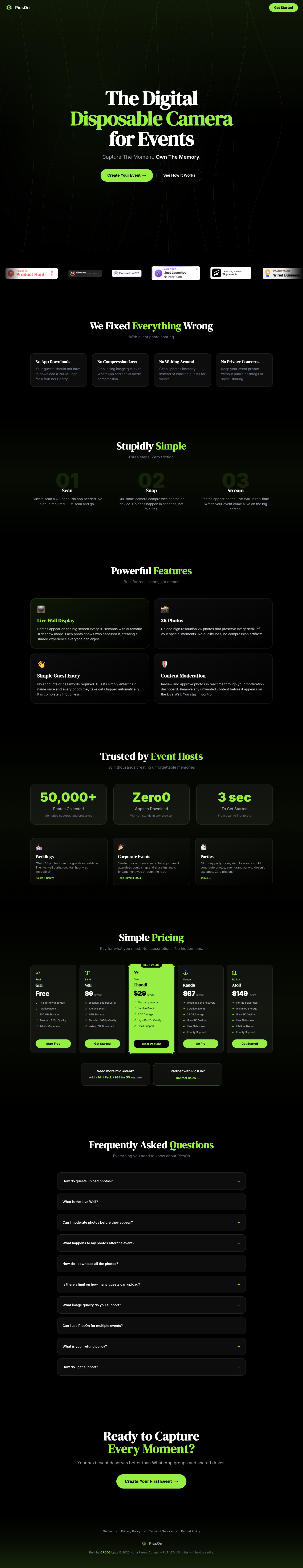 PicsOn full landing page screenshot