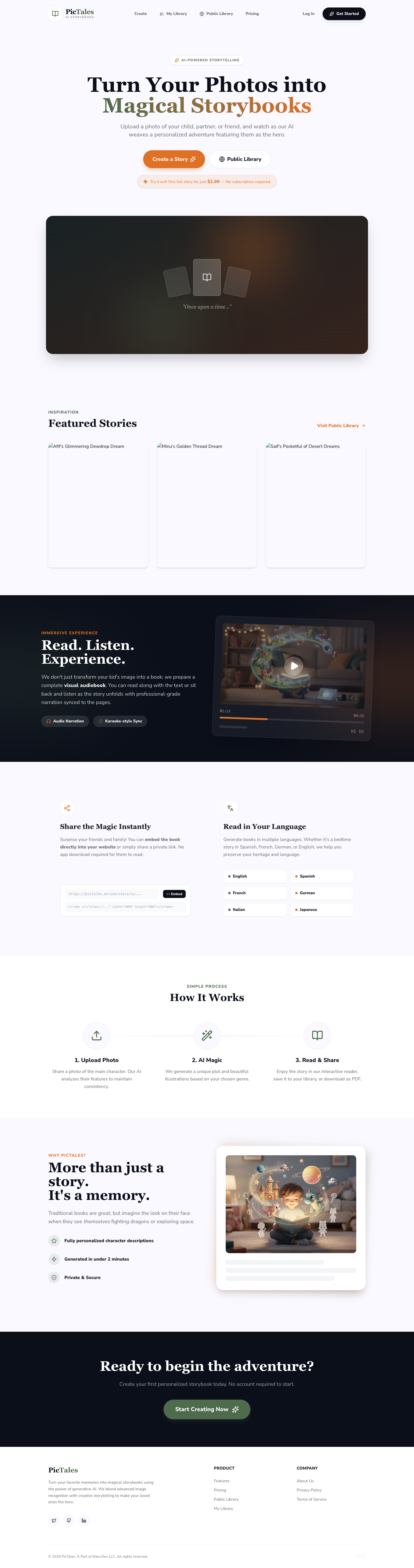 PicTales full landing page screenshot