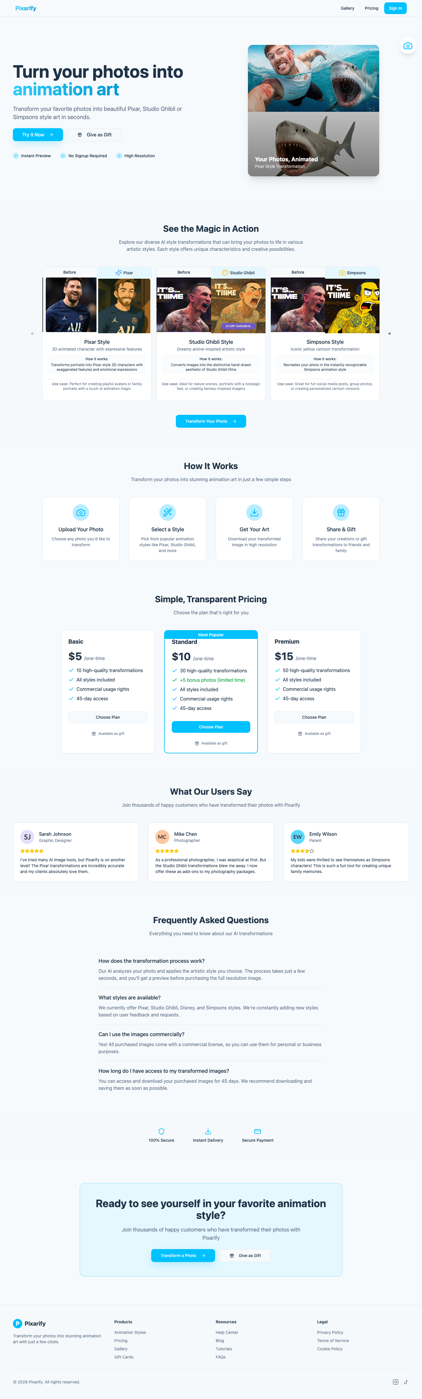 pixarify full landing page screenshot