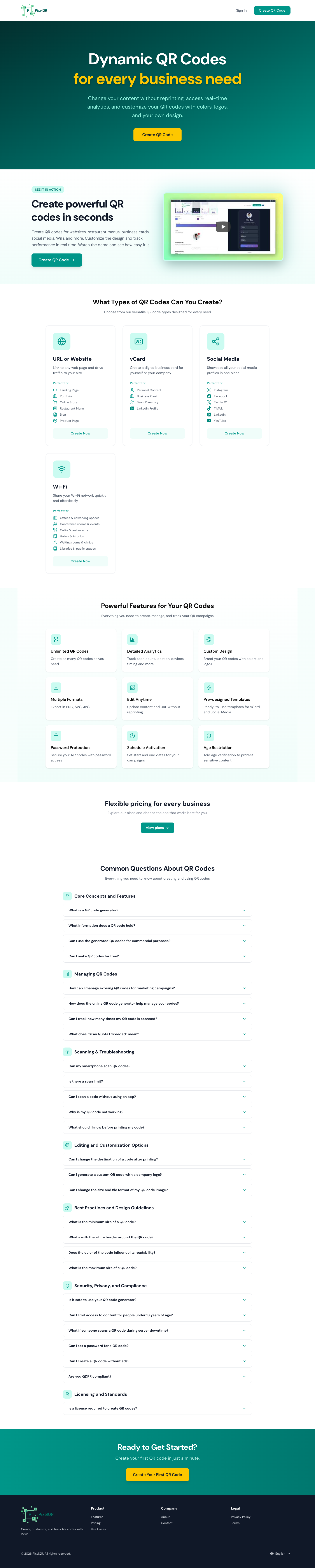 PixelQR full landing page screenshot