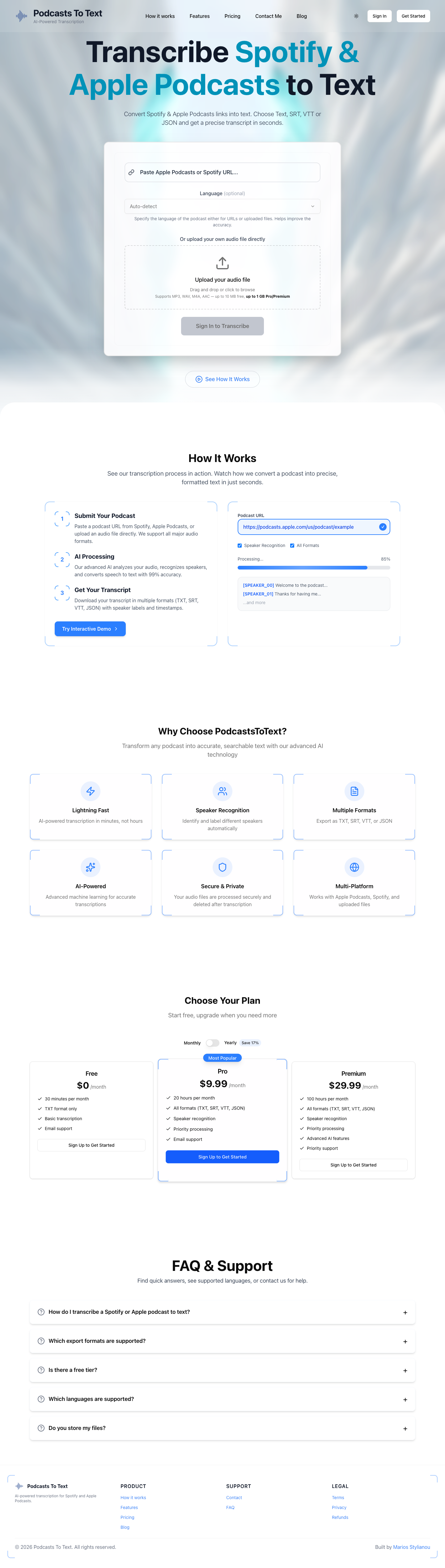 Podcasts To Text full landing page screenshot