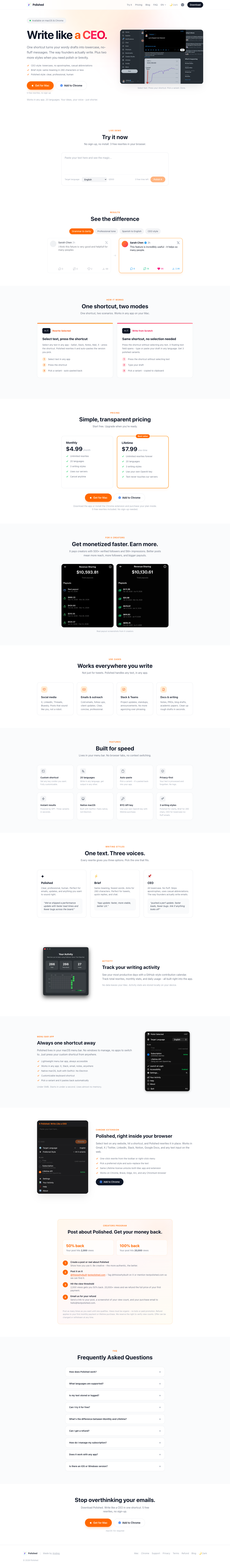 Polished: Smart Text Rewriter full landing page screenshot