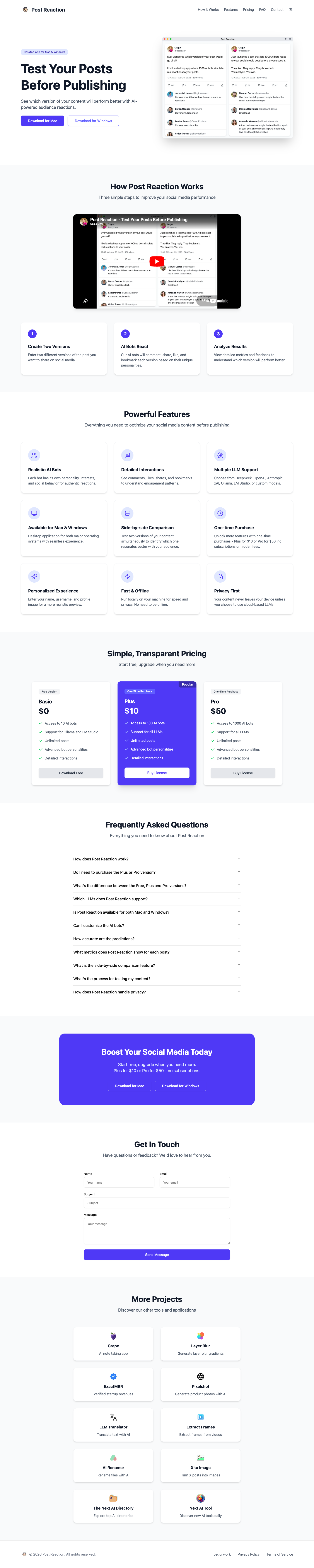 Post Reaction full landing page screenshot