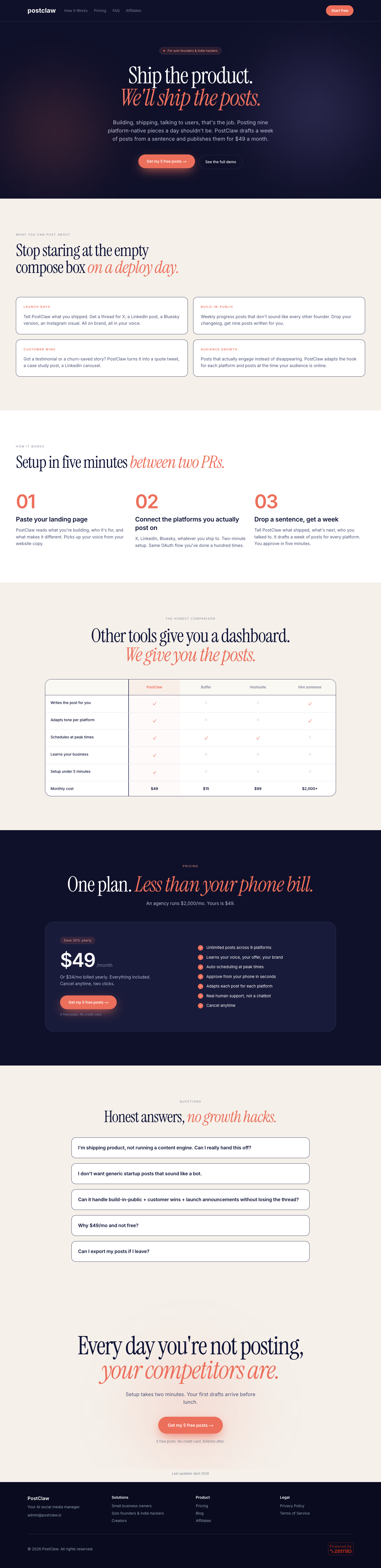 PostClaw full landing page screenshot