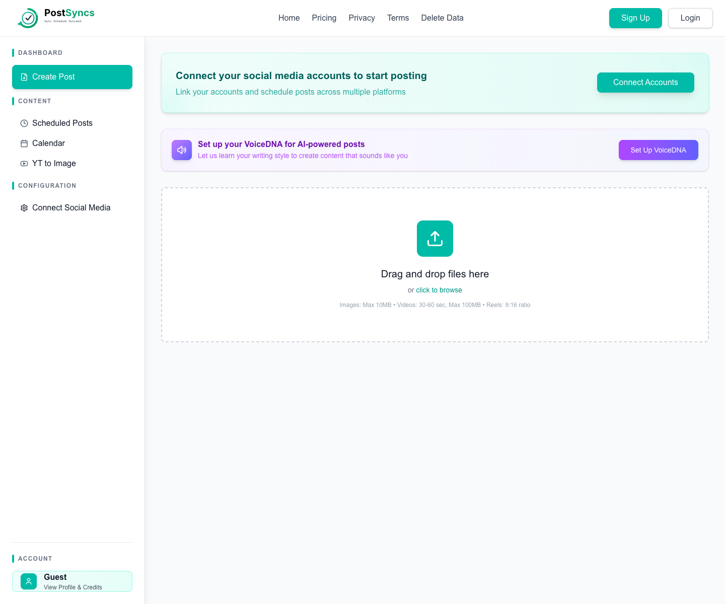 PostSyncs - AI Content Twin | Schedule Posts, Reels & Carousels in Your Voice full landing page screenshot