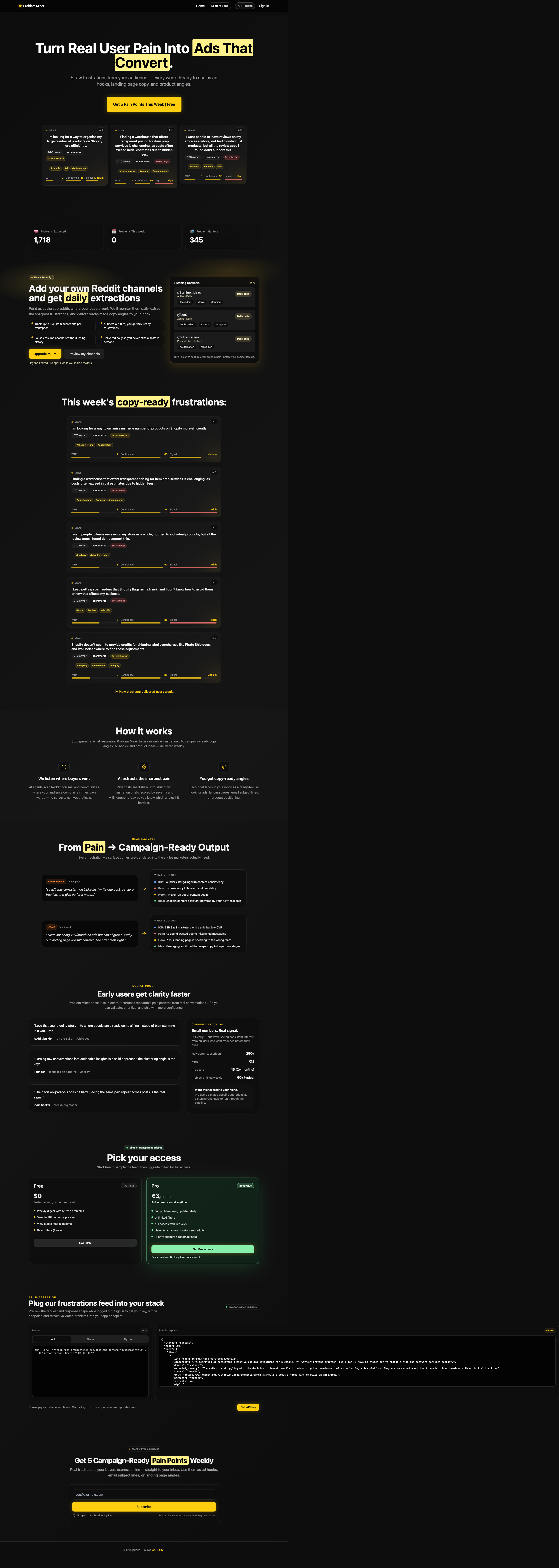 Problem Miner full landing page screenshot