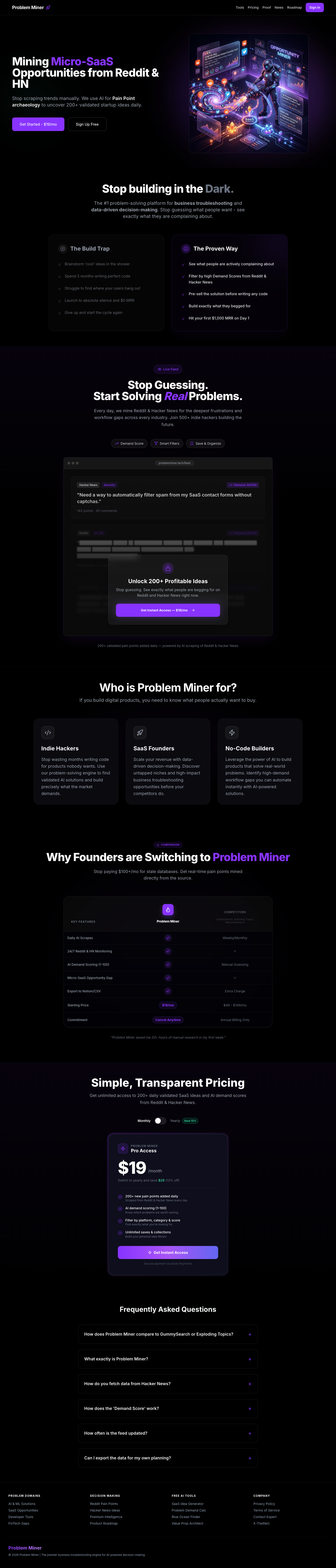 Problem Miner full landing page screenshot
