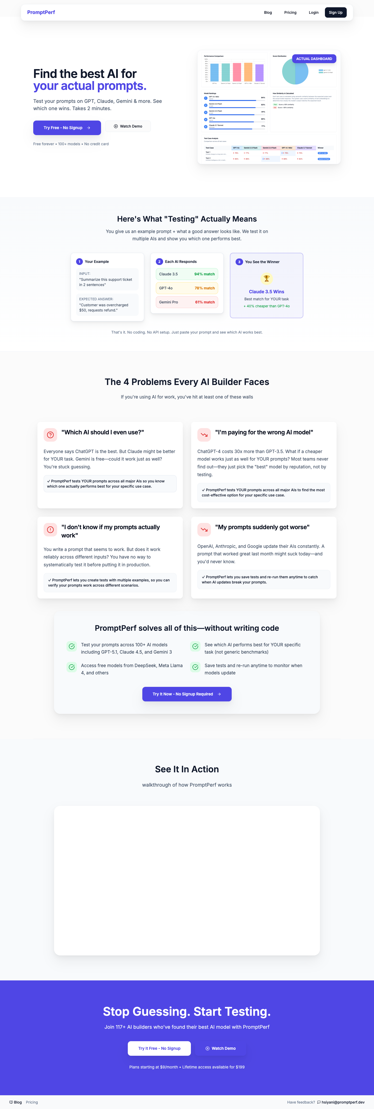 PromptPerf full landing page screenshot